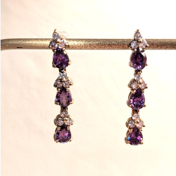 925 Sterling Gold Vermeil Triple Purple Crystal CZ Dangle 1.25" Long Earrings - Picture 1 of 4
